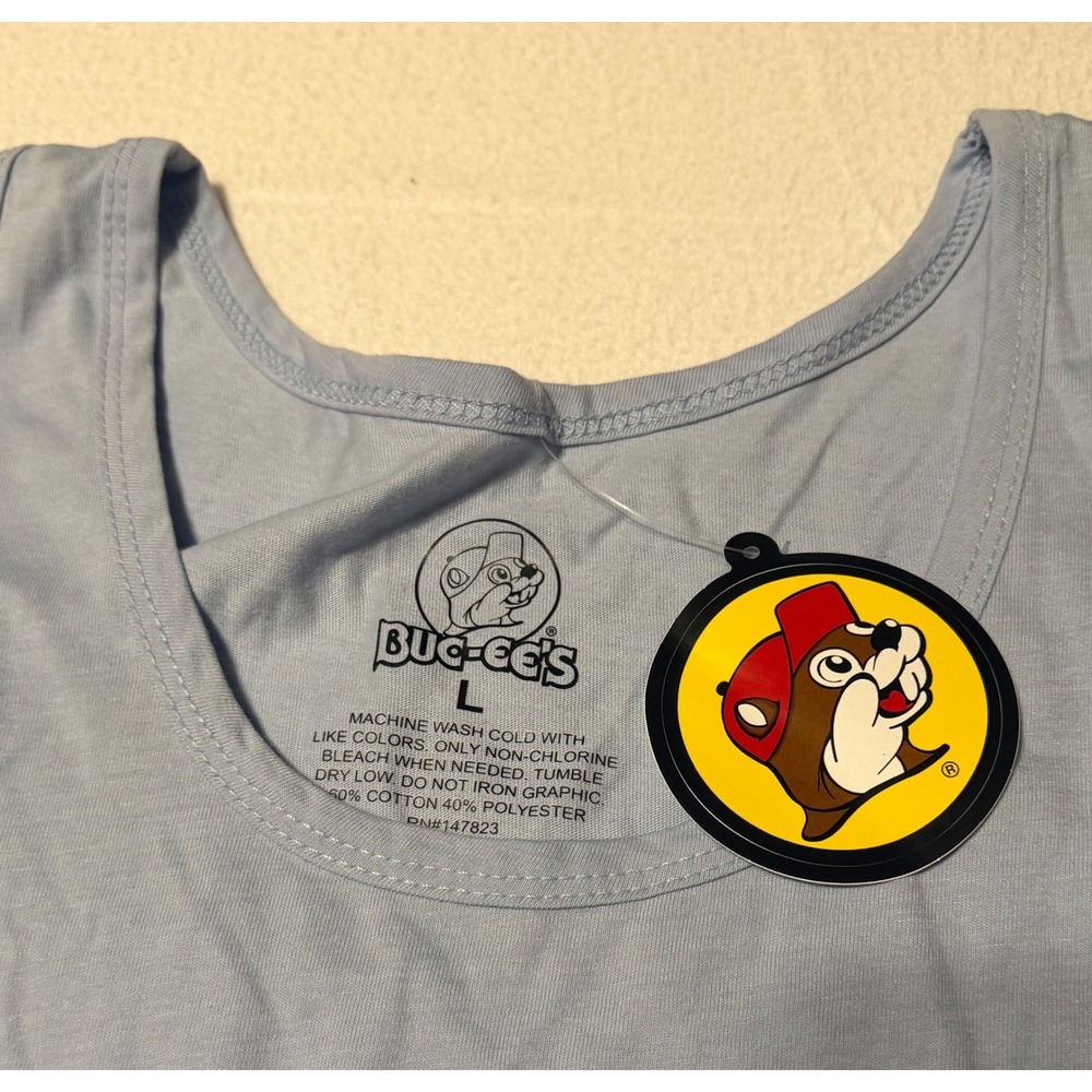 Buc-ee's Womens Graphic Tank Top Light Blue Beach Sunset Palm Trees Large NWT - Picture 5 of 6